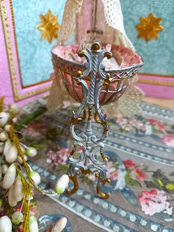 Lovely French Filigree Metal Cradle with Baby