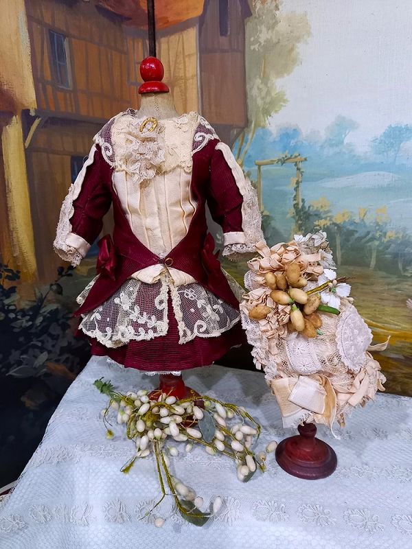 One of a kind small size French Bebe silk Costume with Bonnet