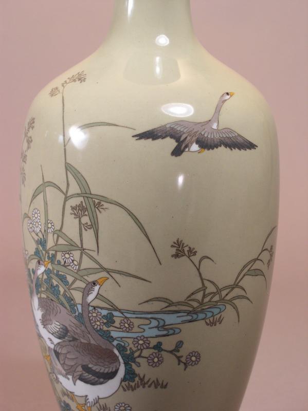 Japanese cloisonne vase with scene of geese