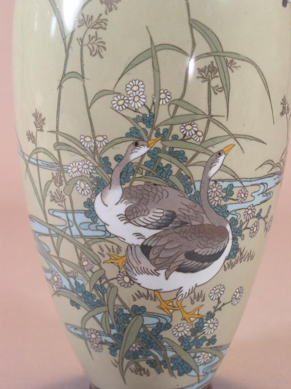 Japanese cloisonne vase with scene of geese