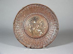 Japanese bronze and copper dish imitating basketwork