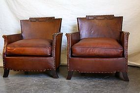 French Leather Club Chairs - Giverny Corbeille Pair