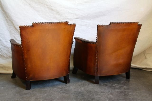 French Leather Club Chairs - Giverny Corbeille Pair