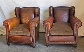 Vintage French Leather Club Chairs Wagram Wingback Pair