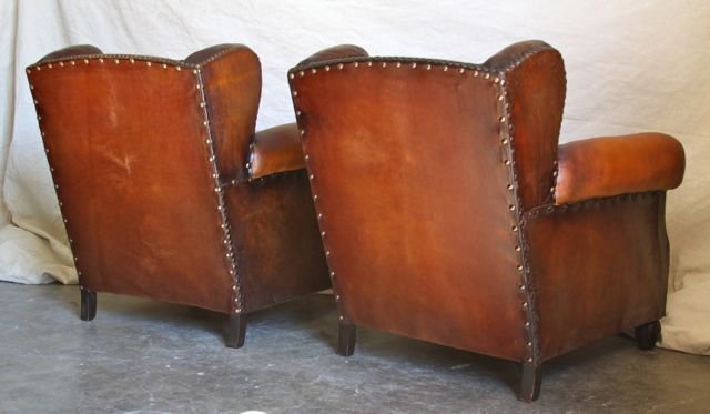 Vintage French Leather Club Chairs Wagram Wingback Pair
