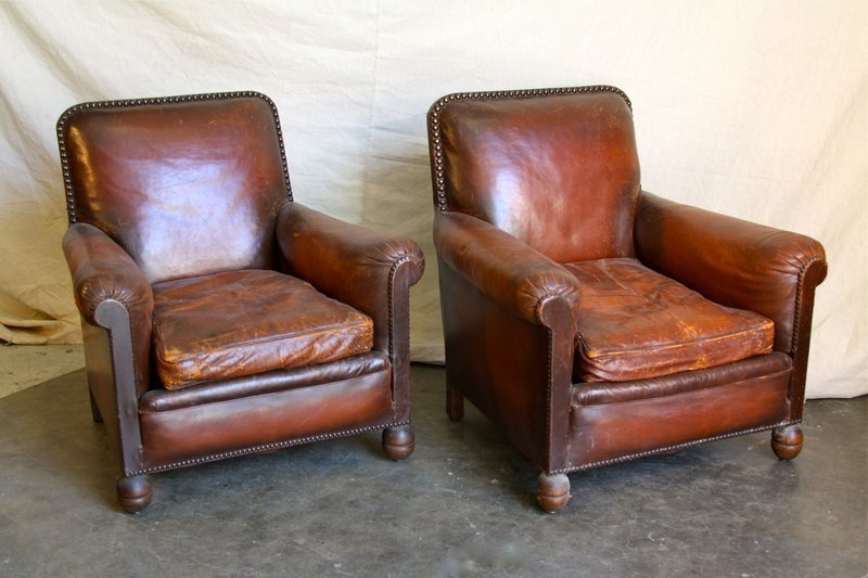Vintage French Leather Club Chairs Heron Nailed Pair