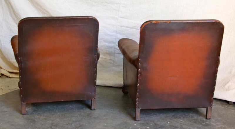 Vintage French Leather Club Chairs Heron Nailed Pair