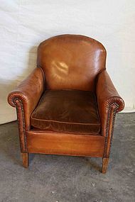 Vintage French Leather Club Chair Nailed Bern Single