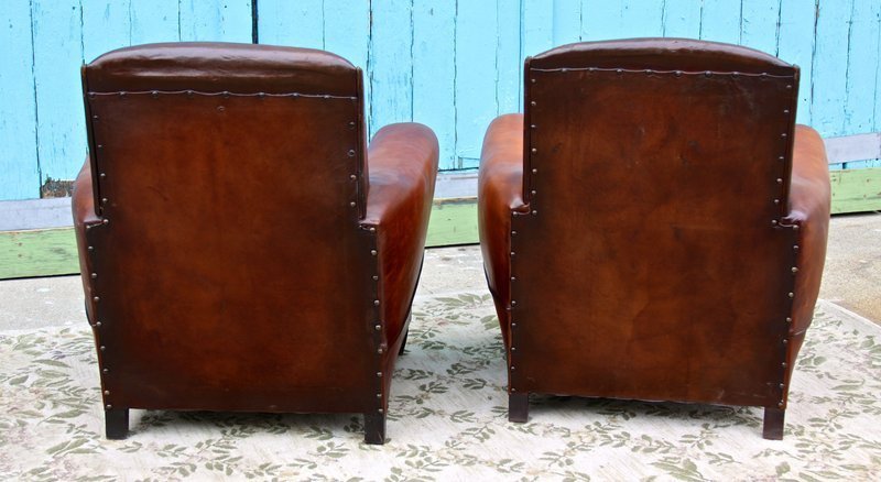 Vintage French Club Chairs Brest Caramel Slopeback Pair