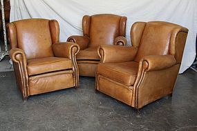 Light Tan Wingback French leather Club Chair Trio