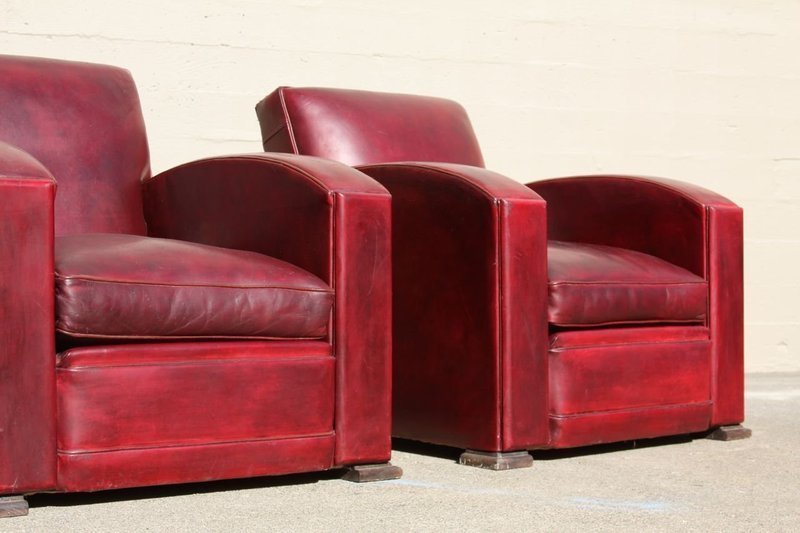 Deco Erton Red leather Club ChairsFrench circa 1950