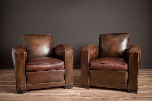 La Republic Square Lounge Pair of Leather French Club Chairs