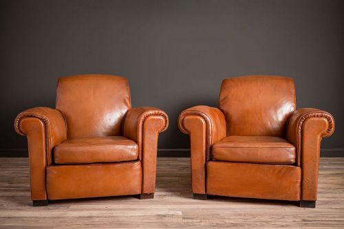 La Ministre Rollback Lounge Pair of Leather French Club Chairs