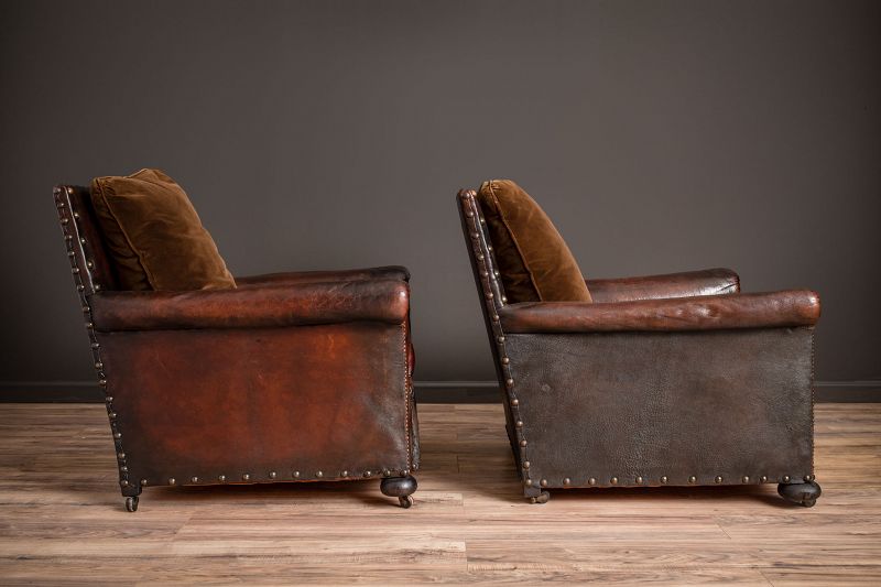 Ile de St Louis Nailed Square Pair of Leather French Club Chairs