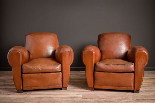 Vincennes Slopeback Pair of Leather French Club Chairs