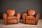 Liseaux Giant Dark Rollback Pair of Leather French Club Chairs SOLD
