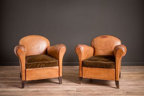 Petite Cinema Etretat Pair of Leather French Club Chairs