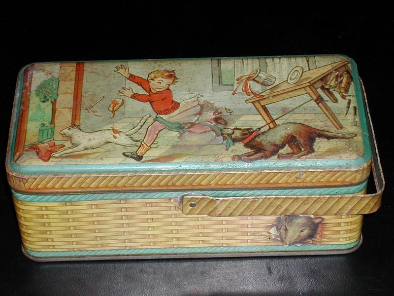 Vintage French Tin Lunch Box w Cat &amp; Dog
