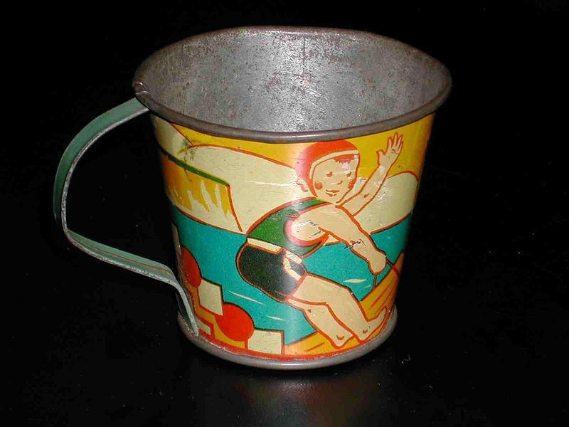 Vintage French Tin Litho Toy Cup Water-skiier &amp; Boat