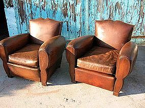 Vintage French Leather Club Chairs Ghislan Moustache