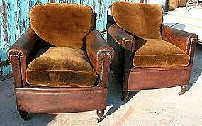 Vintage French Leather Club Chairs Serpette Nailed Pair