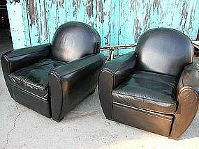 Refurbished French Leather Club Chairs Modern Noir Pair