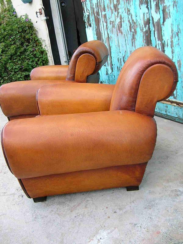 French Leather Club Chairs Giant Pascal Rollback Pair