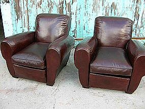 Vintage French Leather Club Chairs Mahogany Pleated