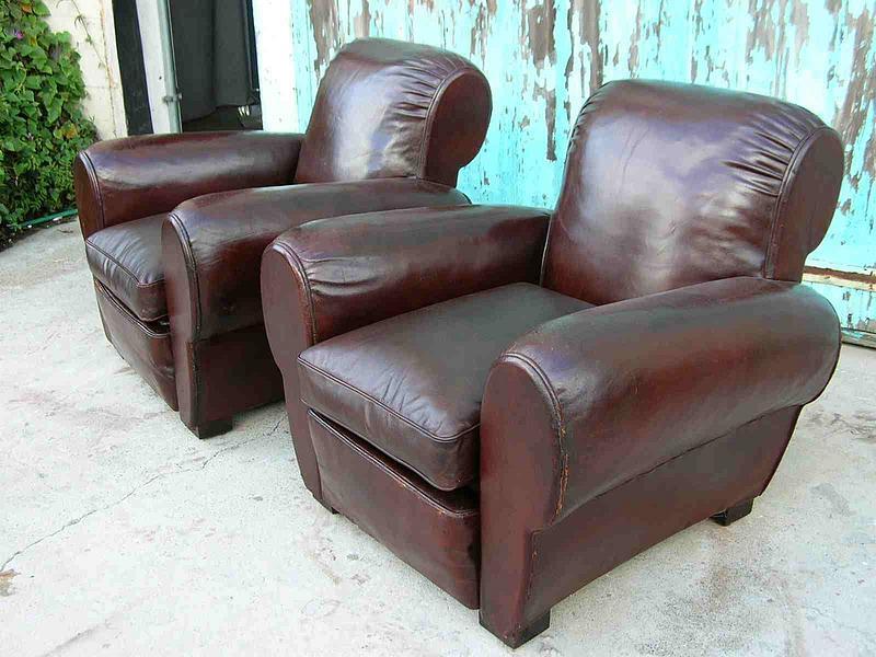 Vintage French Leather Club Chairs Mahogany Pleated