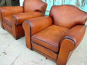 French Leather Club Chairs Ambassador Refurbished Pair