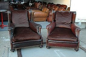 Vintage French Club Chairs Bernet Nailed Wingback Pair