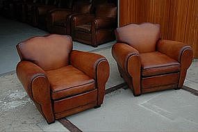 French Leather Club Chairs Lyon Dark Moustache Pair