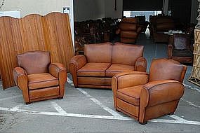 French Club Chairs and Couch Cognac Moustache Salon Set