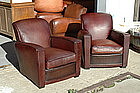French Leather Club Chairs Sweptback Square Pair