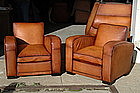 French Leather Club Chairs Deco Square Lounge Pair