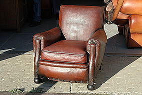 Vintage French Club Chair Nailed Dark Caramel Single