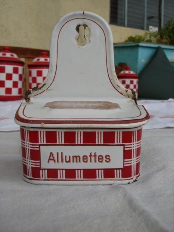 Vintage French Enamel Matchbox Red White Enamelware