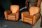 French Leather Club Chairs Streamline Library Pair