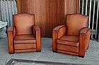French Leather Club Chairs Cognac Gendarme Pair