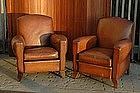 Vintage French Club Chairs Petite Parisian Caramel Pair