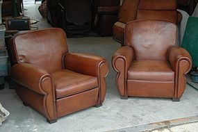 Vintage French Leather Club Chairs Monaco Library Pair
