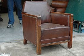 Vintage French Leather Club Chair Arts & Crafts Single
