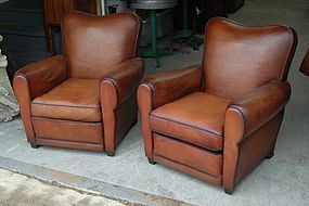 Vintage French Club Chairs Petite Grooveback Pair