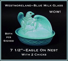 Westmoreland Blue Milk Glass Sitting Eagle On Nest~Wow!