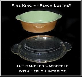Fire King Peach Lustre 10" Casserole Jade Teflon Int