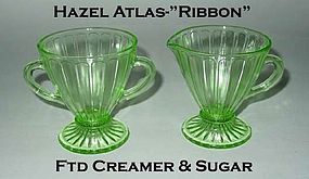 Hazel Atlas "Ribbon" Green Footed Cream & Sugar