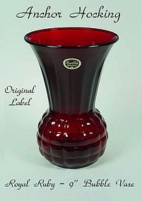 Hocking Fire King Royal Ruby 9 in Bubble Vase Org Label