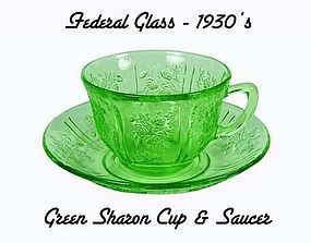 Green Sharon Cabbage Rose Cup and Saucer-Federal