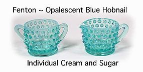 Fenton Blue Opalescent Hobnail Individual Cream & Sugar