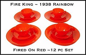 Fire King Rainbow Red 12pc Fired On Dinner Set ~ 1938